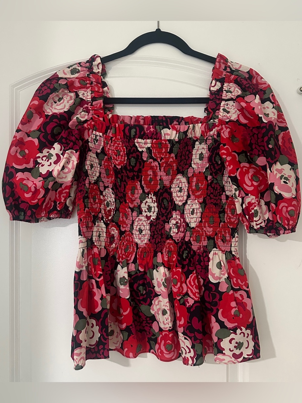 kate spade Red and Pink Floral Smocked Puff-Sleeve Blouse